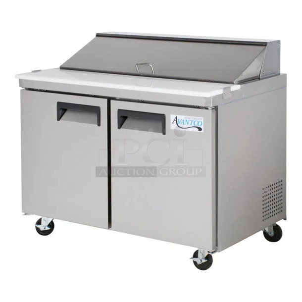 BRAND NEW SCRATCH AND DENT! 2023 Avantco 178APT48HC Stainless Steel 48" 2 Door Refrigerated Sandwich Prep Table. 115 Volts, 1 Phase. Tested and Working! - Image 1 of 9