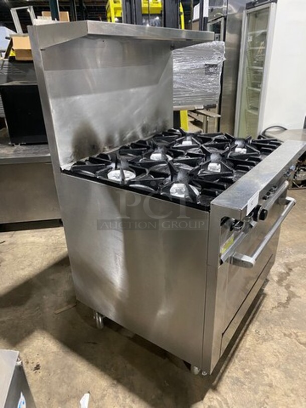 Sunfire Commercial Natural Gas Powered 6 Burner Stove! With Raised Back Splash And Salamander Shelf! With Oven Underneath! All Stainless Steel! On Casters! - Image 2 of 8