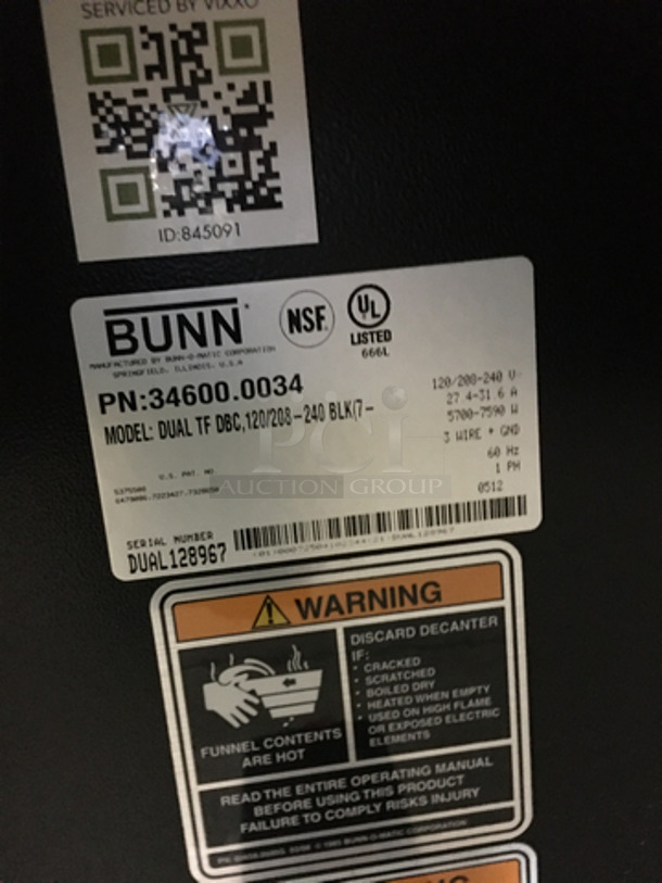 Bunn Commercial Countertop Dual Coffee Brewing/Dispensing Machine! With Hot Water Dispenser! All Stainless Steel Body! Model: DUALTFDBC SN: DUAL128967 120/208/240V 60HZ 1 Phase - Image 6 of 7