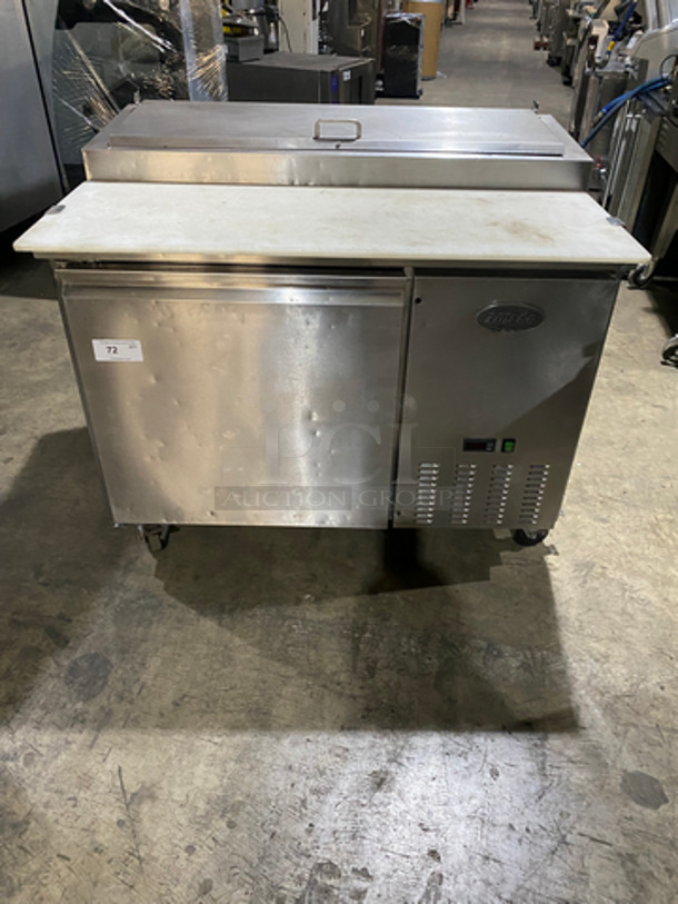 NICE! Entree Refrigerated Pizza Prep Table! With Cold Top! With Commercial Cutting Board! Single Door Storage Area Underneath! With Poly Coated Rack! All Stainless Steel! On Casters! Model: P47 SN: 1402ENTH04423 115V 60HZ 1 Phase - Image 1 of 10