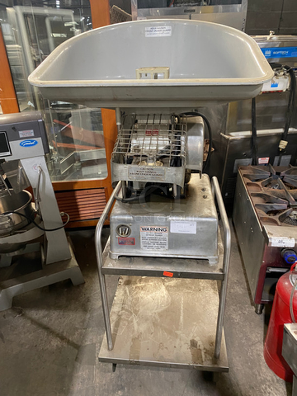 Hollymatic Commercial Food Portioning/ Patty Former Machine! On Equipment Stand! With Underneath Storage Space! All Stainless Steel! On Casters! WORKING WHEN REMOVED! Model: 54 SN: 58666 115V 60HZ 1 Phase
