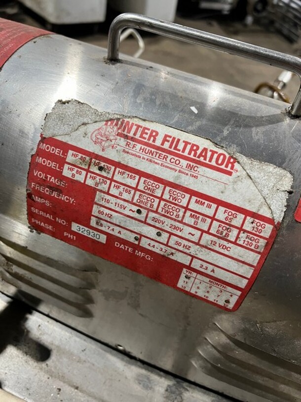 RF Hunter Model HF80 Stainless Steel Commercial Oil Filtration System!  MODEL HF80 SN: 32930 110-115V 1PH  - Image 7 of 8