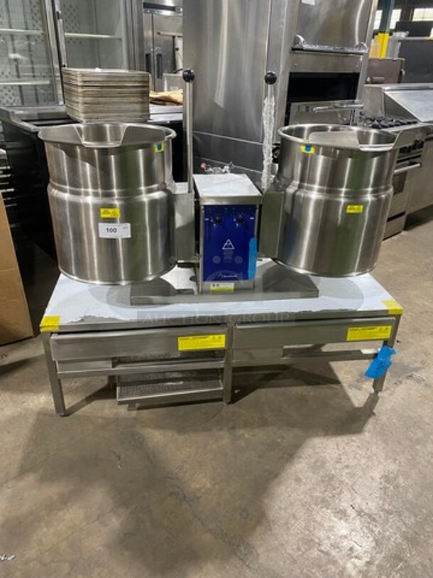 New! Never Used! Cleveland Commercial Countertop Electric Powered Jacketed Tilting Soup Kettle! On Equipment Stand! All Stainless Steel! On Legs! Model: TKET12T SN: WT680804C01 240V 60HZ 3 Phase