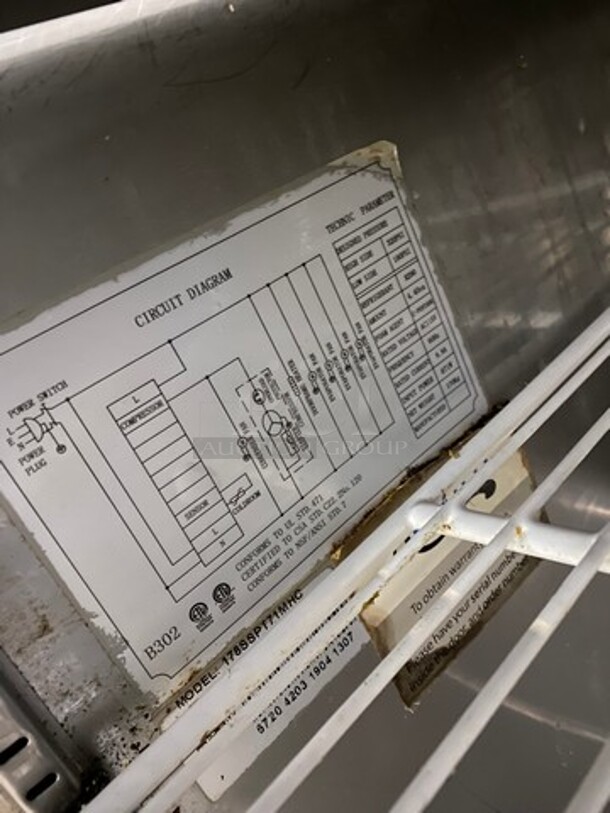 Avantco Commercial Refrigerated Sandwich Prep Table! With Commercial Cutting Board! With Double Over Head Shelf! With 3 Door Underneath Storage Space! Poly Coated Racks! All Stainless Steel! On Casters! Model: 178SSPT71MHC SN: 6720420319041307 115V - Image 7 of 10