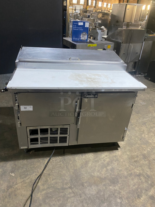 Leader Commercial Refrigerated Pizza Prep Table! With Commercial Cutting Board! With 2 Door Underneath Storage Space! All Stainless Steel! On Legs!