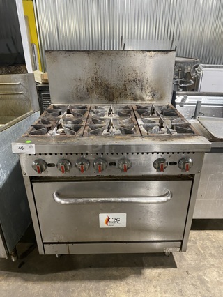 CPG All Stainless Steel Commercial Natural Gas Powered 6 Burner Range! w/ Full Size Oven! With Raised Back Splash! On Legs! Working When Removed! 
