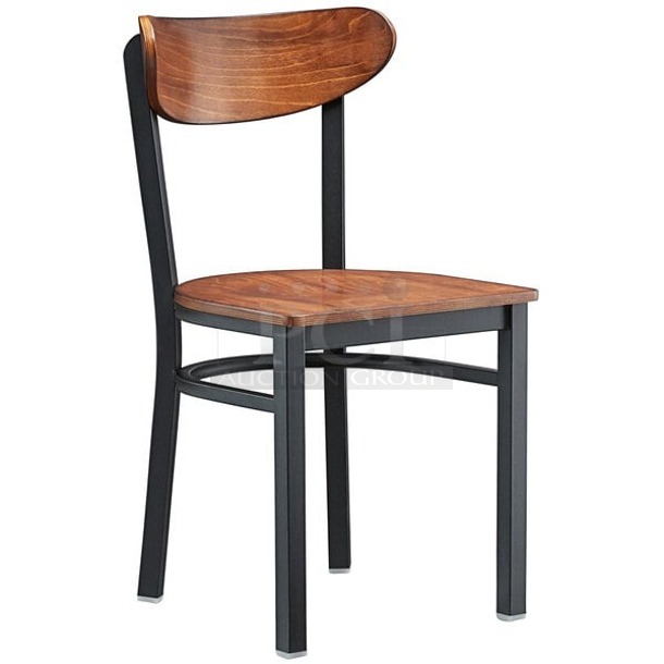 BRAND NEW SCRATCH & DENT! Lancaster Table & Seating Boomerang Series Black Finish Chair with Antique Walnut Wood Seat and Back. 22x Your Bid - Image 1 of 1