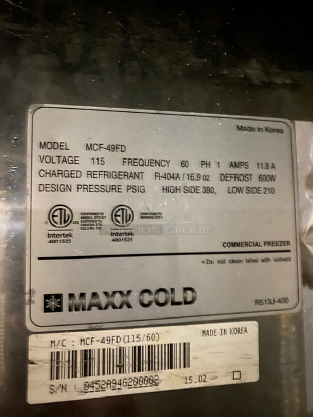Maxx Cold Commercial 2 Door Reach In Freezer! With Poly Coated Racks! All Stainless Steel! Model: MCF49FD SN: 0452A94G200002 115V 60HZ 1 Phase - Image 8 of 10