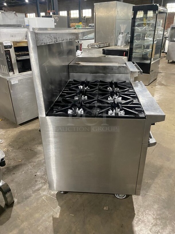BEAUTIFUL! Garland Commercial Natural Gas Powered 6 Burner Stove With Raised Right Side Flat Griddle & Cheese Melter! Griddle Has Side Splashes! With Raised Back Splash And Salamander Shelf! With 2 Full Size Ovens Underneath! With Metal Oven Racks! All Stainless Steel! On Casters! - Image 3 of 9