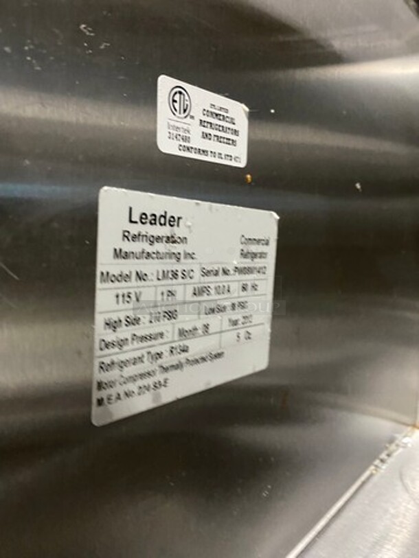 Leader Commercial Refrigerated Sandwich Prep Table! With 2 Door Underneath Storage Space! With Poly Coated Racks! With Commercial Cutting Board! All Stainless Steel! On Casters! Model: LM36 SN: PW08M1412 115V 60Hz 1 Phase - Image 7 of 10