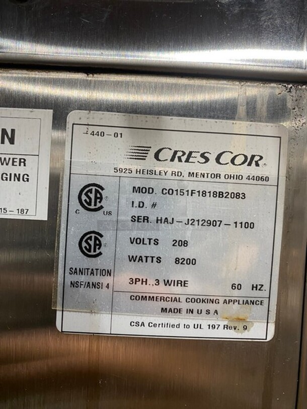 Nice! Cres Cor Commercial Roast-N-Hold Oven! With Split Doors! Electric! All Stainless Steel! On Casters! MODEL CO151F1818B2083 SN:212907 208V 60HZ 3 Phase! Working When Removed!  - Image 7 of 10