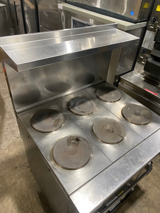 Vulcan Stainless Steel Commercial Electric Powered 6 Burner Hot Plate Range w/ Oven, Over Shelf and Back Splash! On Legs! MODEL EV36S-6FP480 SN: 650091879 480V 3/1PH  - Image 11 of 11