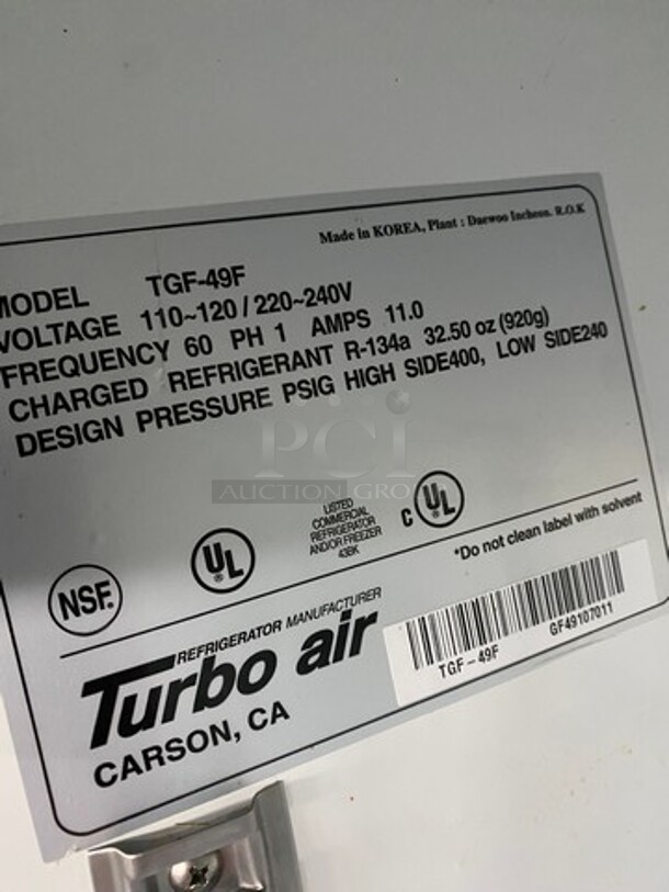 COOL! Turbo Air Commercial 2 Door Ice Cream Freezer! With View Through Doors! Poly Coated Racks! On Casters! Model: TGF49F SN: GF49107011 110/120V 60HZ 1 Phase - Image 7 of 9