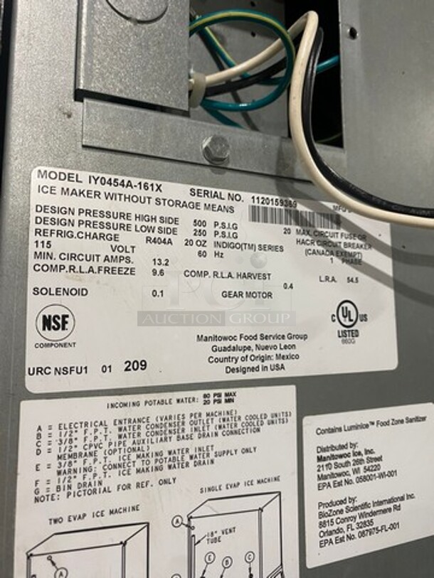 Manitowoc Commercial Ice Making Machine! On Commercial Ice Bin! All Stainless Steel! Model IY0454A161X Serial 1120159369! 115V 1Phase! On Legs! - Image 5 of 10