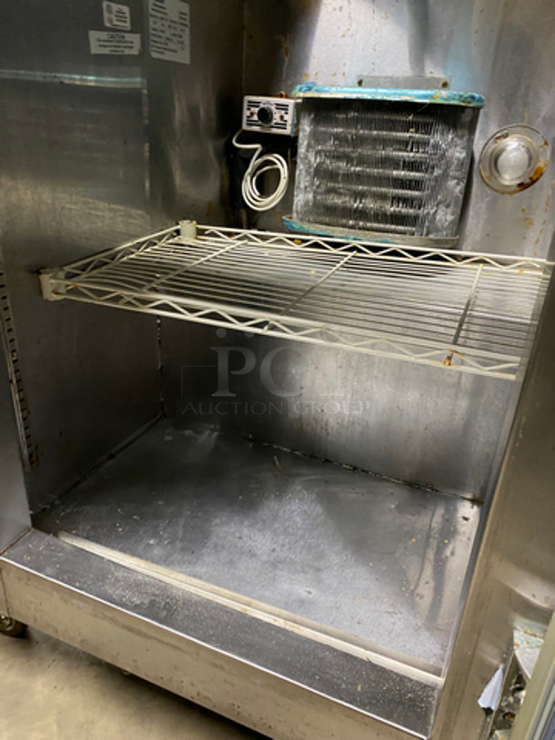Leader Commercial Refrigerated Sandwich Prep Table! Single Door Storage Space Underneath! With 2 Overhead Shelf Space! All Stainless Steel! On Casters! NOT TESTED! - Image 6 of 10