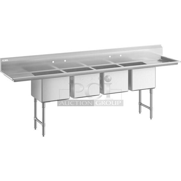 BRAND NEW SCRATCH AND DENT! Regency 600S42424224 Stainless Steel 4 Bay Sink w/ Dual Drain Board. No Legs. Bays 24x24x13.5. Drain Boards 22x26 - Image 1 of 8