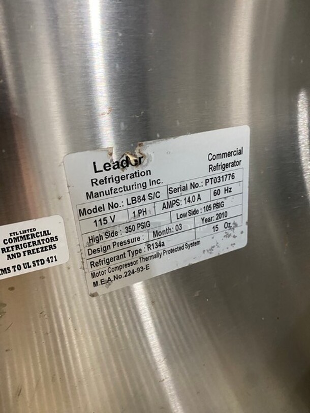 Leader Commercial Refrigerated Sandwich/Salad Prep Table! With 2 Door Underneath Storage Space Underneath! With Commercial Cutting Board! All Stainless Steel! Model LB84SC Serial PT031776! 115V 1Phase! On Casters! - Image 6 of 6