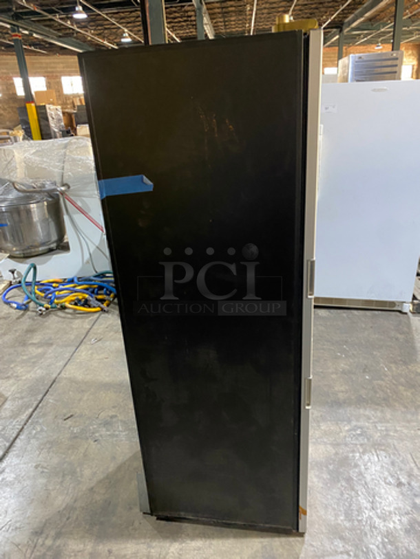 Euro Cave Commercial Refrigerated Single Door Wine Chiller Merchandiser! With View Through Door! With Wood Pattern Racks! NOT TESTED!  SN: 1091750 115V 60HZ - Image 2 of 8