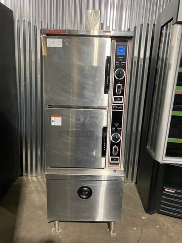 Market Forge Commercial Natural Gas Powered Dual Cabinet Steamer! All Stainless Steel! On Legs! WORKING WHEN REMOVED! Model: ETP10G SN: 111418M11124165