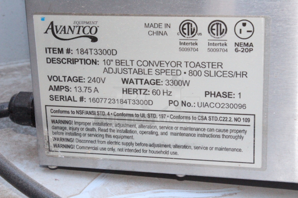 BRAND NEW SCRATCH & DENT! Avantco 184T3300B Commercial 10" Wide Conveyor Toaster with 3" Opening - 800 Slices per Hour. S/N: 1607723184T3300D - Image 5 of 8