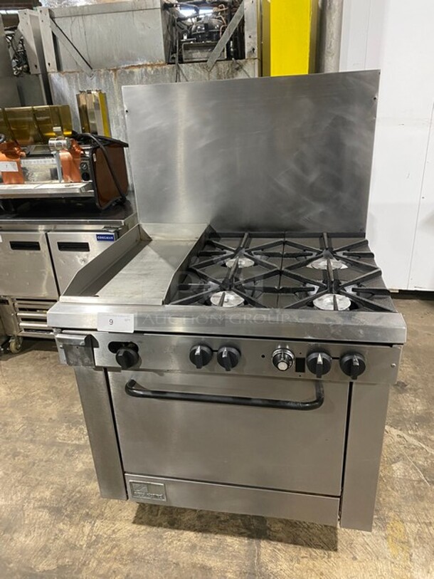 SouthBend Commercial Natural Gas Powered Split Top 4 Burner Stove! With Left Side Flat Griddle! With Full Sized Oven Underneath! With Backsplash! All Stainless Steel! With Metal Oven Racks! On Casters! Model: X336D-1GL SN: 04C65469! - Image 1 of 12