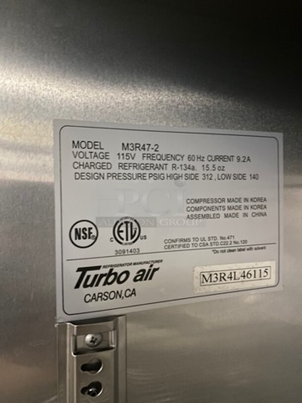 Turbo Air Commercial 2 Door Reach In Cooler! With Poly Coated Racks! All Stainless Steel! On Casters! Model: M3R472 SN: M3R4L46115 115V 60HZ 1 Phase - Image 8 of 10