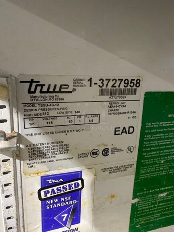 True Commercial Refrigerated Sandwich Prep Table! With 2 Door Underneath Storage Space! Poly Coated Racks! All Stainless Steel! On Casters! Model: TSSU4812 SN: 13727958 115V 60HZ 1 Phase - Image 7 of 11