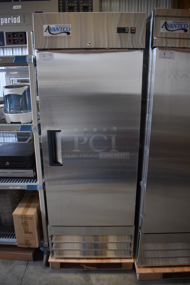 BRAND NEW SCRATCH AND DENT! Avantco Model 178A19FHC Stainless Steel Commercial Single Door Reach In Freezer w/ Poly Coated Racks on Commercial Casters. 115 Volts, 1 Phase. 29x26x77.5. Tested and Working!