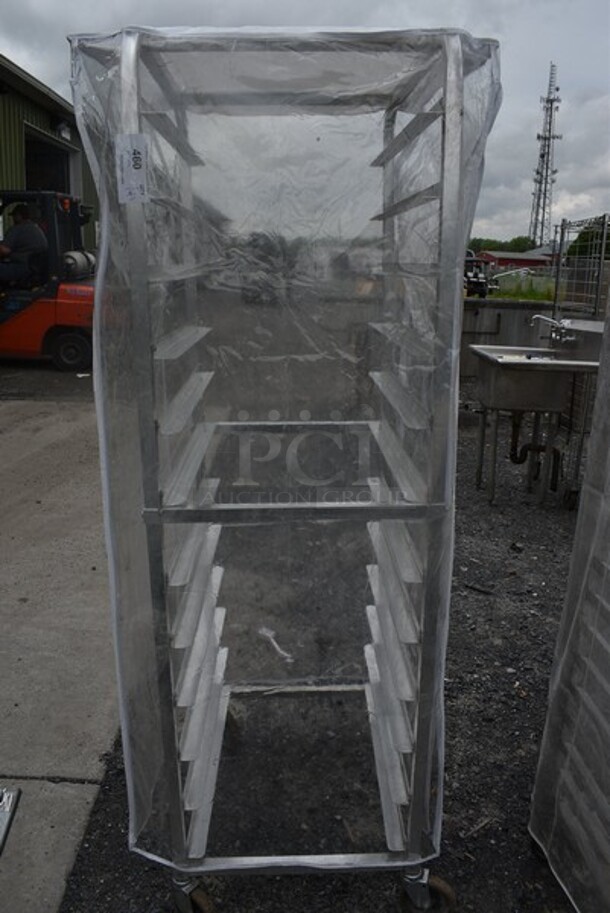 Metal Commercial Pan Transport Rack w/Clear Plastic Cover on Commercial Casters. 20.5x26x69.5