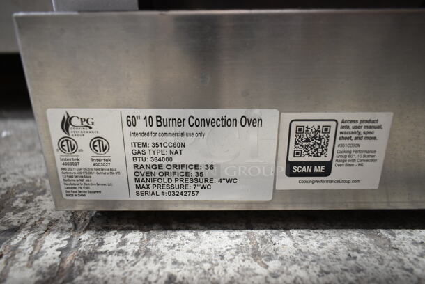 BRAND NEW SCRATCH AND DENT! 2024 Cooking Performance Group CPG 351CC60N Stainless Steel Commercial Natural Gas Powered 10 Burner Range w/ 2 CONVECTION Ovens, Over Shelf and Back Splash.  - Image 12 of 12