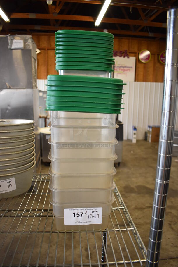 ALL ONE MONEY! Lot of 17 Cambro Clear Poly Containers w/ 17 Green Lids. 7.25x7.25x3.5