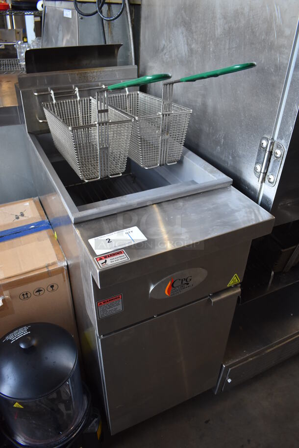 LIKE NEW! 2021 CPG 351FFOP40L Stainless Steel Commercial Floor Style Liquid Propane Gas Powered 40 Pound Deep Fat Fryer w/ 2 Metal Fry Baskets. 90,000 BTU. 16x32x45. Tested and Working! - Image 2 of 8