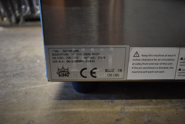 BRAND NEW SCRATCH AND DENT! 2023 Carnival King 382TCM16DBL Stainless Steel Commercial Countertop 16" Dual Non-Stick Crepe Maker. 208-240 Volts, 1 Phase. Tested and Working! - Image 5 of 6