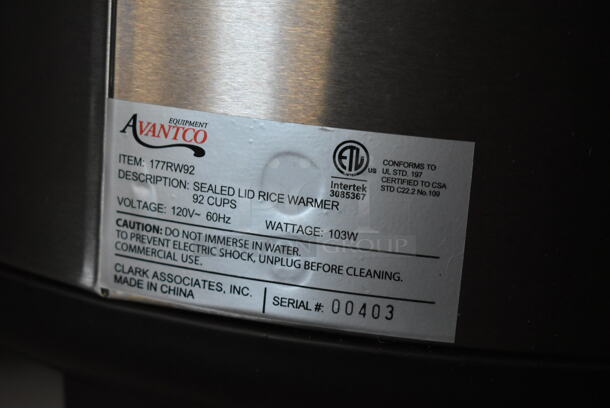 BRAND NEW SCRATCH AND DENT! Avantco 177RW92 Stainless Steel Commercial Countertop Rice Cooker. 120 Volts, 1 Phase. Tested and Working! - Image 11 of 11