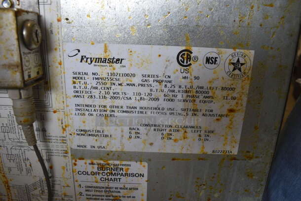 2011 Frymaster FMPH255CSE Stainless Steel Commercial Propane Gas Powered 2 Bay Deep Fat Fryer w/ 4 Metal Fry Baskets and Right Side Dumping Station on Commercial Casters. 80,000 BTU. 47x30x47 - Image 7 of 9