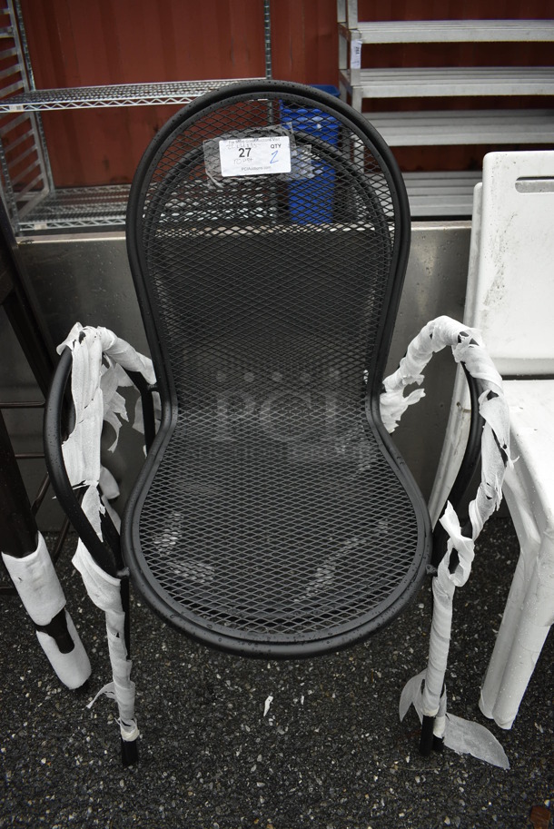 2 BRAND NEW! Lancaster Table & Seating Harbor Black Powder Coated Steel Stackable Outdoor Mesh Patio Chairs w/ Arm Rests. 22x21x35. 2 Times Your Bid!