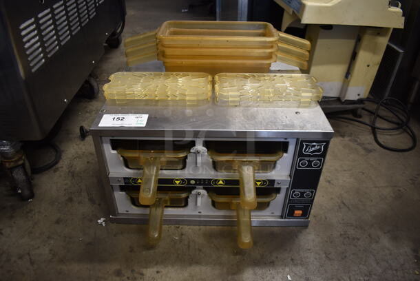 Duke FWM3-22MB2-208 Commercial Stainless Steel Countertop Holding Cabinet With 7 Yellow Pans With Handles. 208V, 1 Phase. 