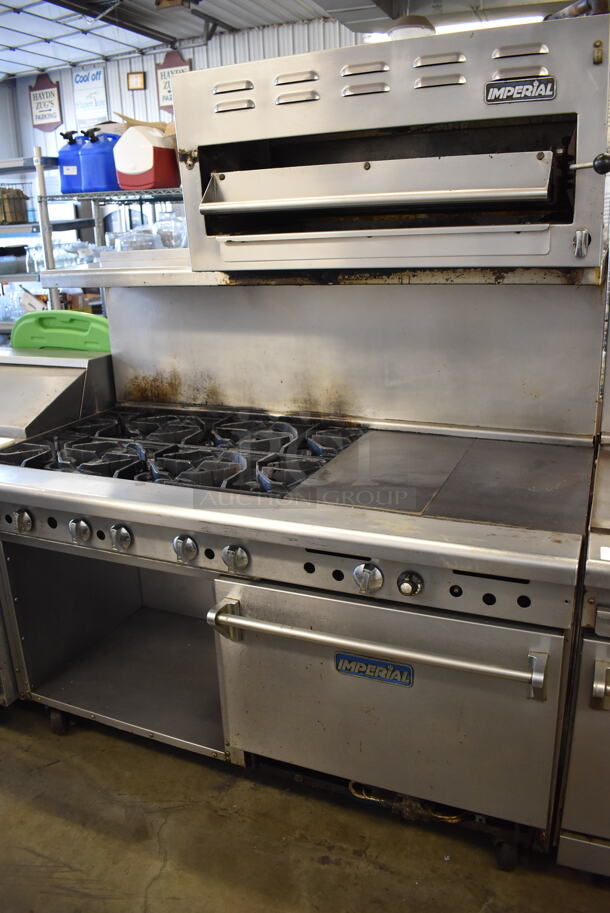 Imperial Stainless Steel Commercial Natural Gas Powered 6 Burner Range, Flat Top Griddle, Salamander Cheese Melter, Oven, Over Shelf and Back Splash on Commercial Casters. 60x31x73