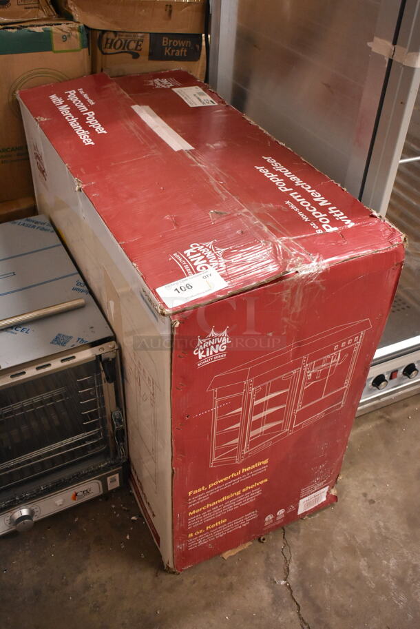 BRAND NEW SCRATCH AND DENT! Carnival King 382PMW17R Stainless Steel Commercial Royalty Series 8 oz. Commercial Popcorn Machine / Popper with Warming / Holding Merchandiser. See Pictures For Broken Glass. 120 Volts, 1 Phase. Tested and Working! - Image 2 of 5