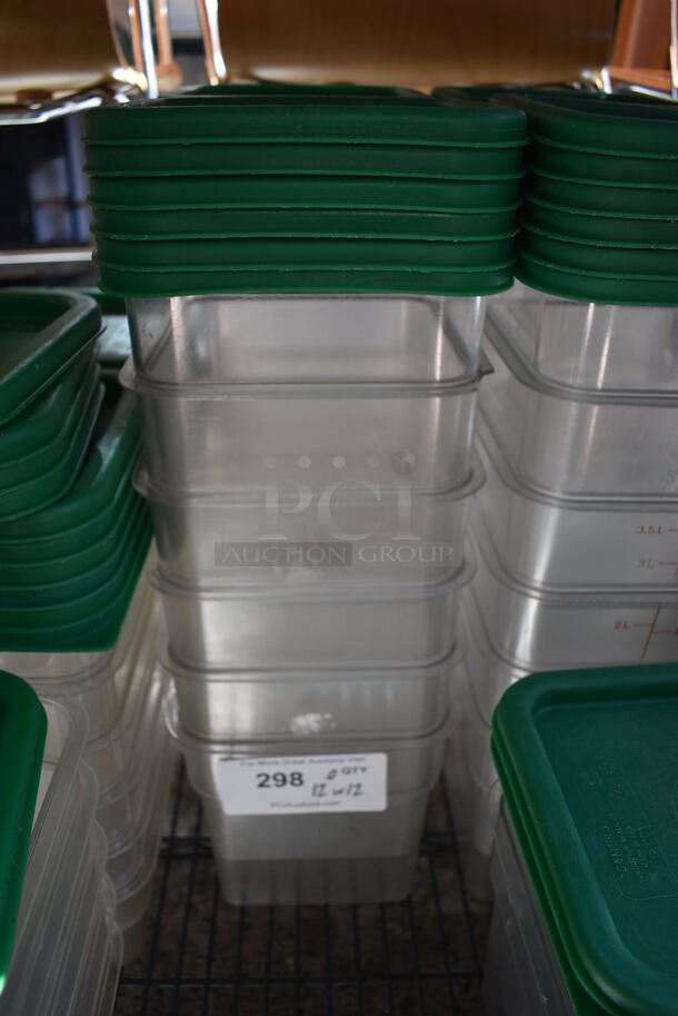 ALL ONE MONEY! Lot of 12 Cambro Clear Poly Containers w/ 12 Green Poly Lids. 7x7x7