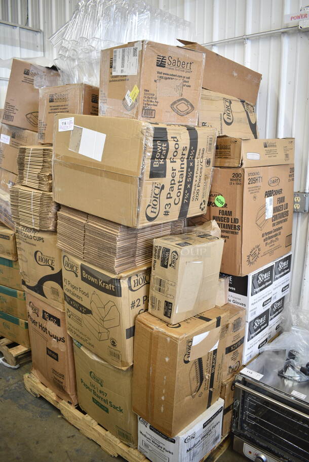 PALLET LOT of 37 BRAND NEW Boxes Including Dart 205HT1 White Foam Take Out Container with Perforated Hinged Lid 9" x 6" x 3" - 200/Case, 7072318PP Sabert Mozaik 17 1/2" x 6 1/2" White Plastic Platter / Catering Tray - 25/Case, 4 Box 394345XL Noble NexGen Powder-Free Disposable Black Hybrid 3 Mil Thick Gloves - Extra Large - 1000/Case, 129MCR24B Choice 24 oz. Black Round Microwavable Heavy Weight Container with Lid 7 1/4" - 150/Case, 129MCS28B Choice 28 oz. Black Rectangular Microwavable Heavy Weight Container with Lid 8 3/4" x 6 1/4" x 1 3/4" - 150/Case, 130WFORKWP Choice Individually Wrapped Medium Weight White Plastic Fork - 1000/Case, 433NHT10 Choice 1/6 Standard Size White "Thank You" Medium-Duty Plastic T-Shirt Bag - 1000/Case, 795PTOKFT3 Choice Kraft Microwavable Folded Paper #3 Take-Out Container 7 3/4" x 5 1/2" x 2 1/2" - 200/Case, 795PTOKFT2 Choice Kraft Microwavable Folded Paper #2 Take-Out Container 7 3/4" x 5 1/2" x 1 7/8" - 200/Case, 433W1657SACK Choice 1/6 57# White Heavy-Duty Paper Barrel Sack - 500/Case, 500CC12 Choice Clear PET Customizable Plastic Cold Cup - 12 oz. - 1000/Case, 50016W Choice 16 oz. White Poly Paper Hot Cup - 1000/Case, 70780HL Sabert Catering Pop-Top 10 3/4" Square Clear PET Hinged Lid for 80 oz. Square Bowls - 50/Case, 442BOX8CUBE Lavex 8" x 8" x 8" Kraft Corrugated RSC Shipping Box - 25/Bundle, 3 Box 128HD12COMBO ChoiceHD 12 oz. Microwavable Translucent Plastic Deli Container and Lid Combo Pack - 240/Case, 4619993HS Metro 9993HS Equivalent 3 1/2" Stainless Steel Foot Plate. 37 Times Your Bid! - Image 1 of 12