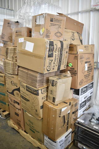 PALLET LOT of 37 BRAND NEW Boxes Including Dart 205HT1 White Foam Take Out Container with Perforated Hinged Lid 9" x 6" x 3" - 200/Case, 7072318PP Sabert Mozaik 17 1/2" x 6 1/2" White Plastic Platter / Catering Tray - 25/Case, 4 Box 394345XL Noble NexGen Powder-Free Disposable Black Hybrid 3 Mil Thick Gloves - Extra Large - 1000/Case, 129MCR24B Choice 24 oz. Black Round Microwavable Heavy Weight Container with Lid 7 1/4" - 150/Case, 129MCS28B Choice 28 oz. Black Rectangular Microwavable Heavy Weight Container with Lid 8 3/4" x 6 1/4" x 1 3/4" - 150/Case, 130WFORKWP Choice Individually Wrapped Medium Weight White Plastic Fork - 1000/Case, 433NHT10 Choice 1/6 Standard Size White "Thank You" Medium-Duty Plastic T-Shirt Bag - 1000/Case, 795PTOKFT3 Choice Kraft Microwavable Folded Paper #3 Take-Out Container 7 3/4" x 5 1/2" x 2 1/2" - 200/Case, 795PTOKFT2 Choice Kraft Microwavable Folded Paper #2 Take-Out Container 7 3/4" x 5 1/2" x 1 7/8" - 200/Case, 433W1657SACK Choice 1/6 57# White Heavy-Duty Paper Barrel Sack - 500/Case, 500CC12 Choice Clear PET Customizable Plastic Cold Cup - 12 oz. - 1000/Case, 50016W Choice 16 oz. White Poly Paper Hot Cup - 1000/Case, 70780HL Sabert Catering Pop-Top 10 3/4" Square Clear PET Hinged Lid for 80 oz. Square Bowls - 50/Case, 442BOX8CUBE Lavex 8" x 8" x 8" Kraft Corrugated RSC Shipping Box - 25/Bundle, 3 Box 128HD12COMBO ChoiceHD 12 oz. Microwavable Translucent Plastic Deli Container and Lid Combo Pack - 240/Case, 4619993HS Metro 9993HS Equivalent 3 1/2" Stainless Steel Foot Plate. 37 Times Your Bid!