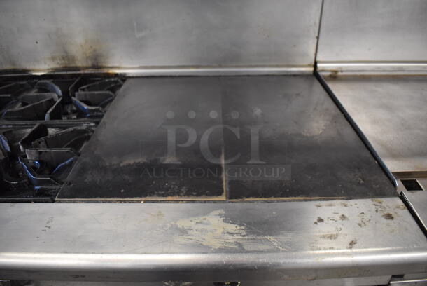 Imperial Stainless Steel Commercial Natural Gas Powered 6 Burner Range, Flat Top Griddle, Salamander Cheese Melter, Oven, Over Shelf and Back Splash on Commercial Casters. 60x31x73 - Image 4 of 8