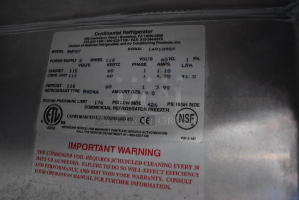 Continental SWF27 Stainless Steel Commercial Single Door Undercounter Freezer on Commercial Casters. 115 Volts, 1 Phase. 27.5x30x35. Tested and Working! - Image 6 of 7