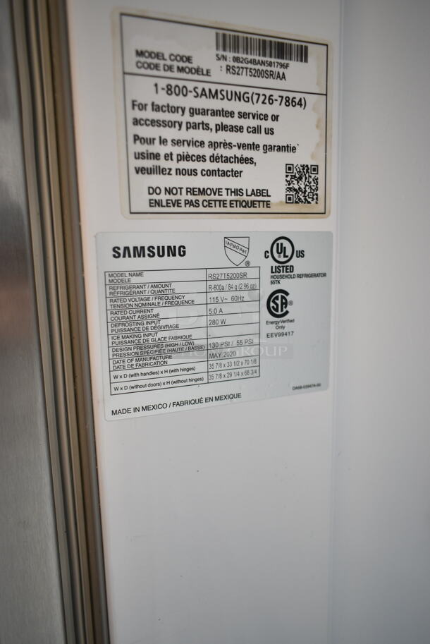 Samsung RS27T5200SR Stainless Steel Freestanding Side by Side Refrigerator with 27.4 Cu. Ft. Total Capacity. 115 Volts, 1 Phase. Tested and Working! - Image 9 of 9