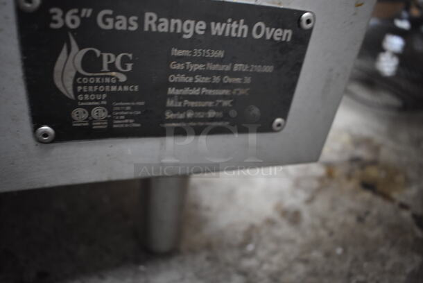 Cooking Performance Group CPG 351S36N Stainless Steel Commercial Natural Gas Powered 6 Burner Range w/ Oven, Back Splash and Over Shelf. 210,000 BTU. - Image 3 of 4