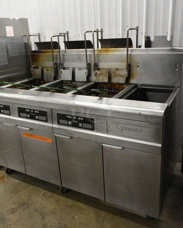 Frymaster FMP345EBLSC Stainless Steel Commercial Natural Gas Powered 3 Bay Deep Fat Fryer w/ Right Side Dumping Station on Commercial Casters. 122,000 BTU.  - Image 2 of 12