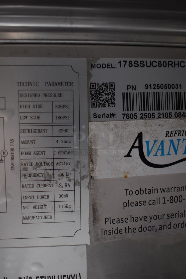 Avantco 178SSIC60RHC Stainless Steel Commercial 2 Door Undercounter Cooler on Commercial Casters. 115 Volts, 1 Phase. Tested and Powers On But Does Not Get Cold - Image 6 of 7