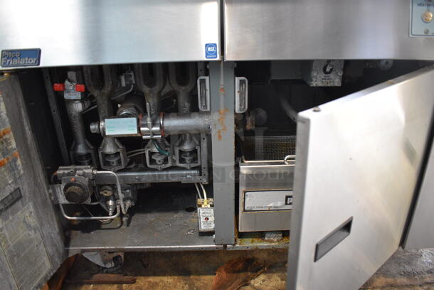 Pitco Frialator Model F14S-V Stainless Steel Commercial Floor Style Propane Gas 2 Bay Fryer w/ Center Dumping Station on Commercial Casters. 110,000 BTU. 49x32x54 - Image 6 of 9