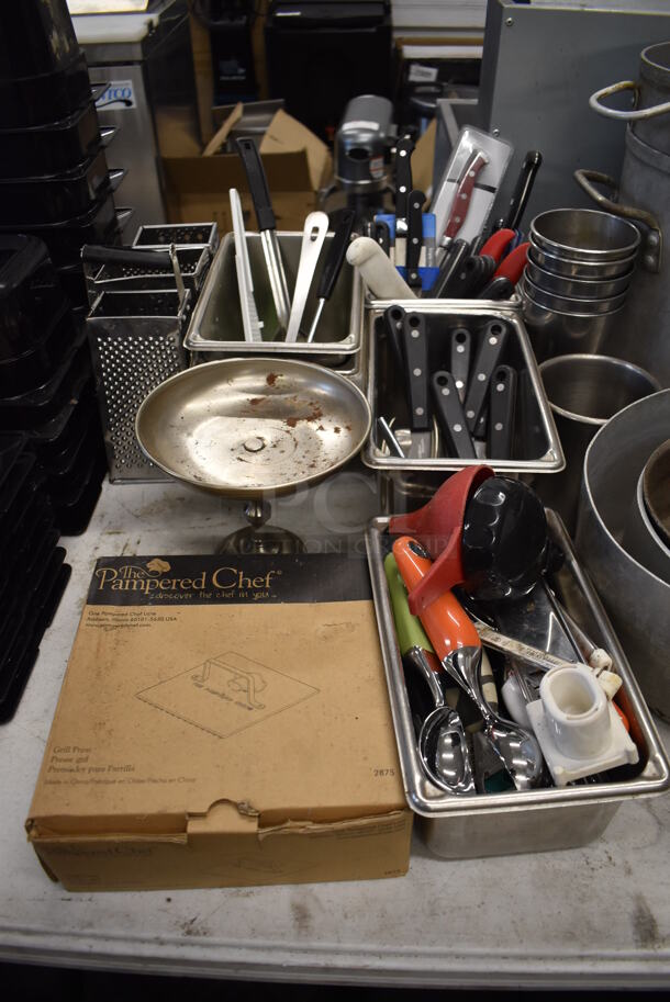 ALL ONE MONEY! Lot of Items on Tabletop Including Glass Salad Plates, Ceramic Gravy Boats, Poly Drop In Bins and Metal Sauce Pans. - Image 6 of 8